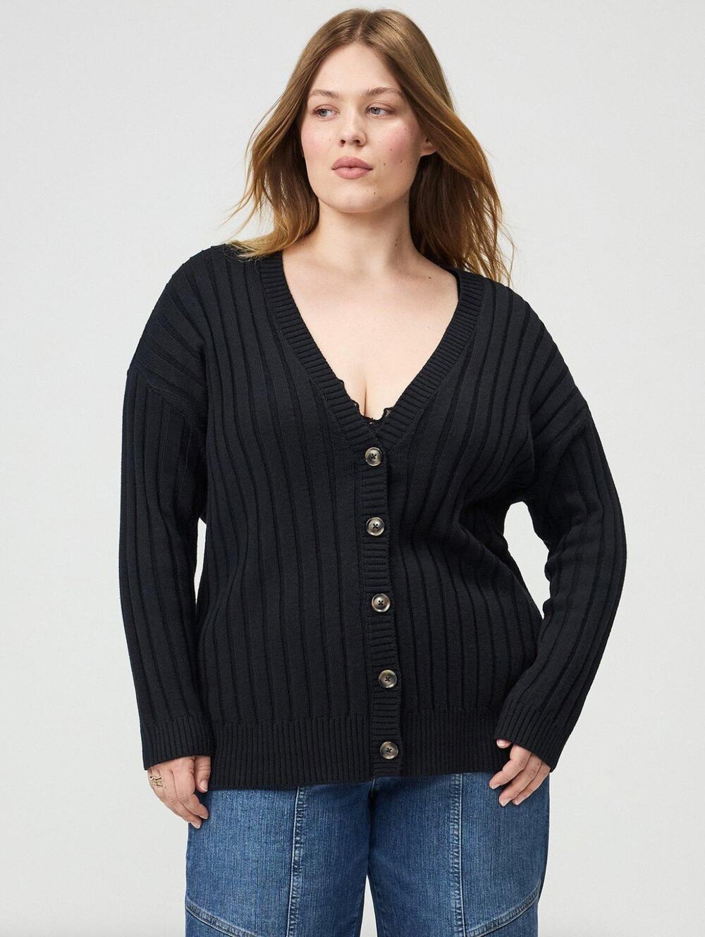 Torrid Rib Button-Front Cardigan Sweater Deep Black Plus Size 1X